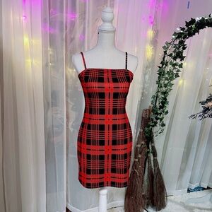 SHEIN Red and Black Plaid Mini Bodycon Dress